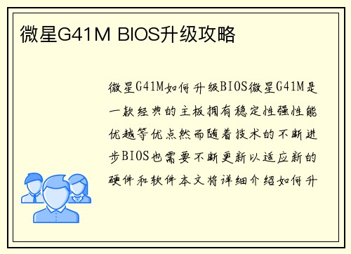 微星G41M BIOS升级攻略
